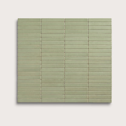 Ghetty Green ceramic tile, 1 by 6 inch stacked mosaic, matte finish
