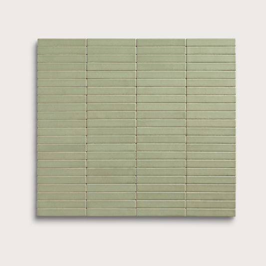 Ghetty Green ceramic tile, 1 by 6 inch stacked mosaic, matte finish