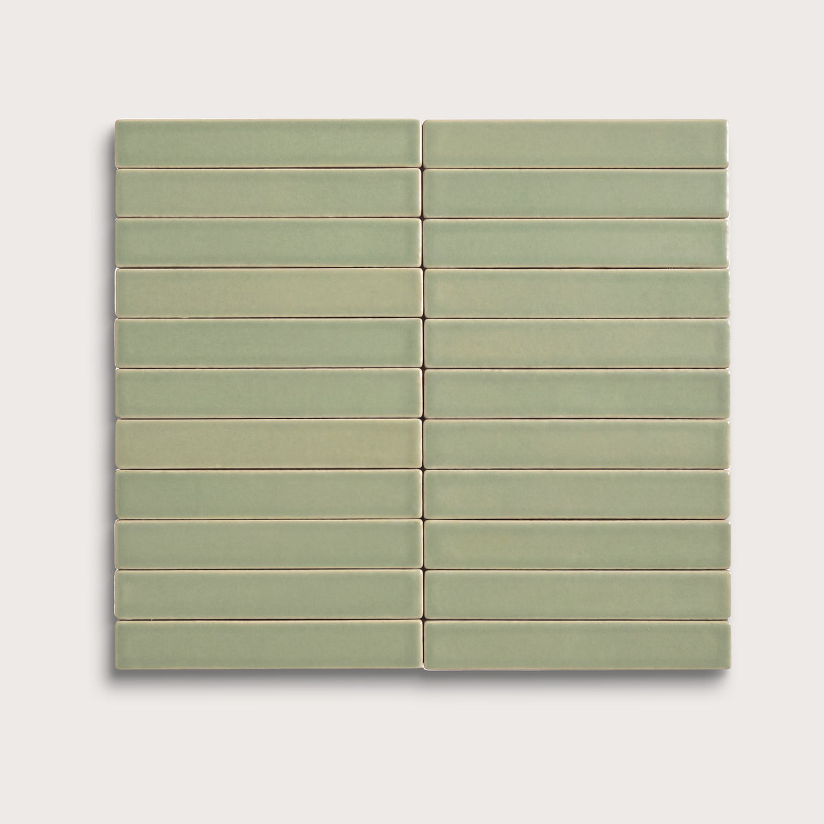 Ghetty Green ceramic tile, 1 by 6 inch stacked mosaic, matte finish
