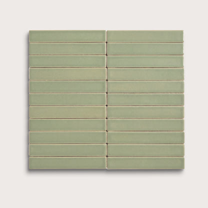 Ghetty Green ceramic tile, 1 by 6 inch stacked mosaic, matte finish