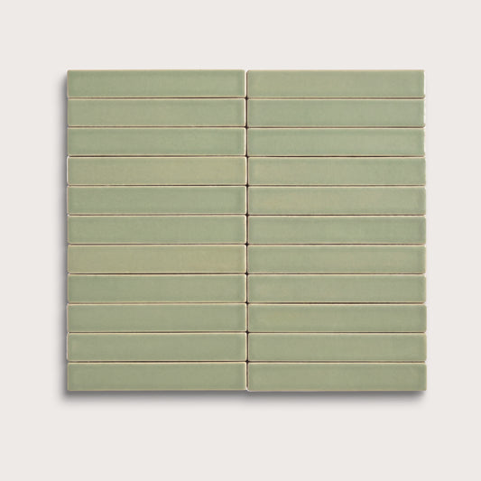 Ghetty Green ceramic tile, 1 by 6 inch stacked mosaic, matte finish