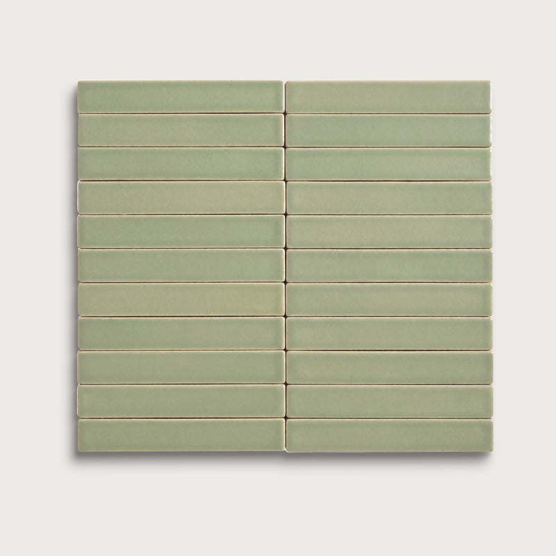Ghetty Green ceramic tile, 1 by 6 inch stacked mosaic, matte finish