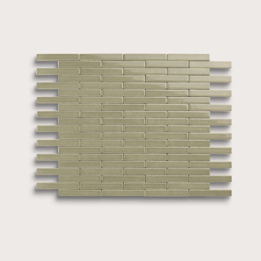 Ghetty Green ceramic tile, 1 by 6 inch subway mosaic, gloss finish