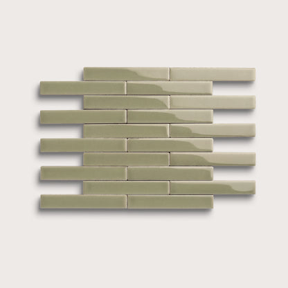Ghetty Green ceramic tile, 1 by 6 inch subway mosaic, gloss finish