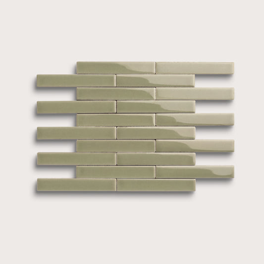 Ghetty Green ceramic tile, 1 by 6 inch subway mosaic, gloss finish