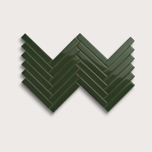 Green River ceramic tile, 1 by 6 inch herringbone mosaic, gloss finish