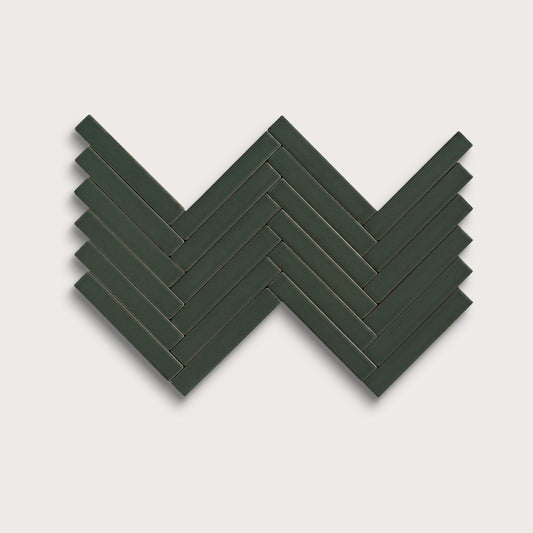 Green River ceramic tile, 1 by 6 inch herringbone mosaic, matte finish