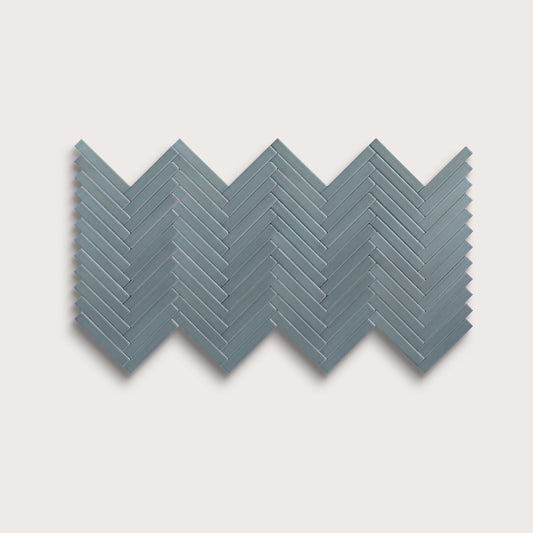 Grey Street ceramic tile, 1 by 6 inch herringbone mosaic, matte finish