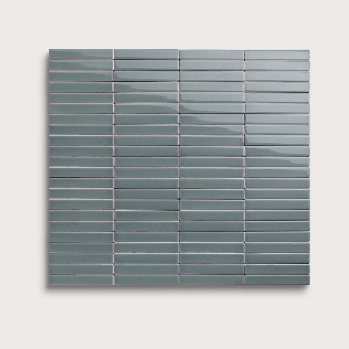 Grey Street ceramic tile, 1 by 6 inch stacked mosaic, gloss finish