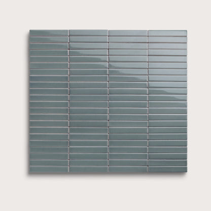Grey Street ceramic tile, 1 by 6 inch stacked mosaic, gloss finish
