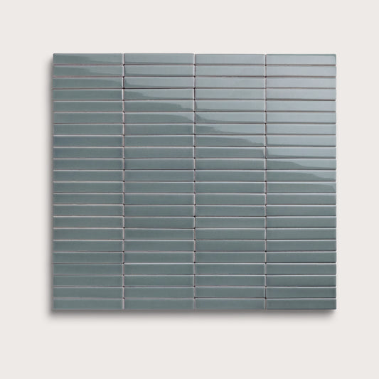 Grey Street ceramic tile, 1 by 6 inch stacked mosaic, gloss finish