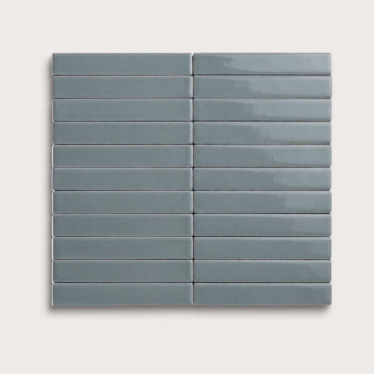 Grey Street ceramic tile, 1 by 6 inch stacked mosaic, gloss finish