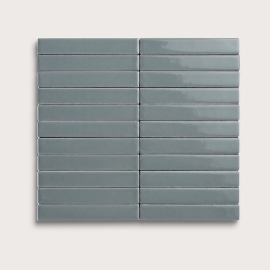 Grey Street ceramic tile, 1 by 6 inch stacked mosaic, gloss finish