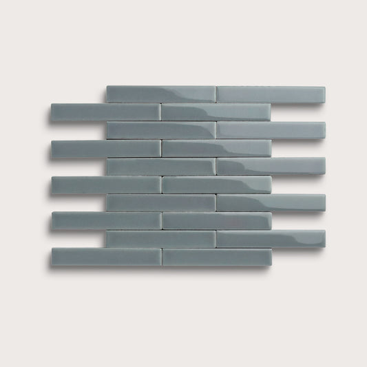 Grey Street ceramic tile, 1 by 6 inch subway mosaic, gloss finish