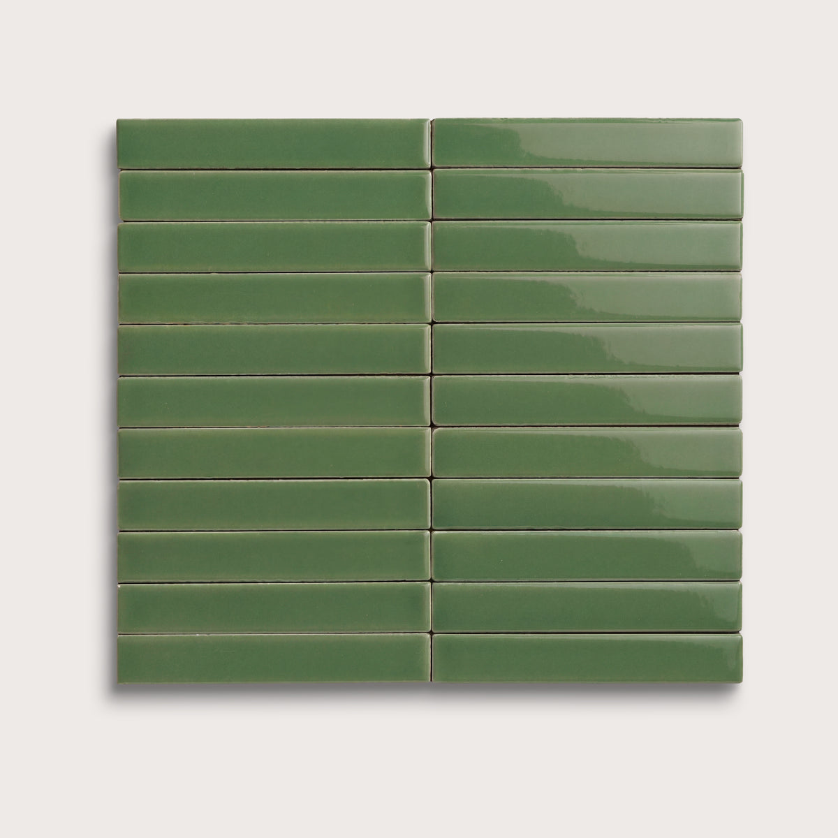 Kale ceramic tile, 1 by 6 inch stacked mosaic, gloss finish