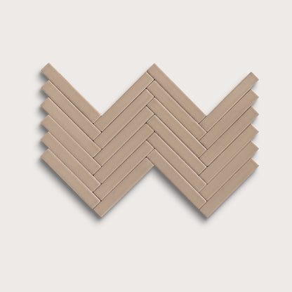 Khaki ceramic tile, 1 by 6 inch herringbone mosaic, matte finish