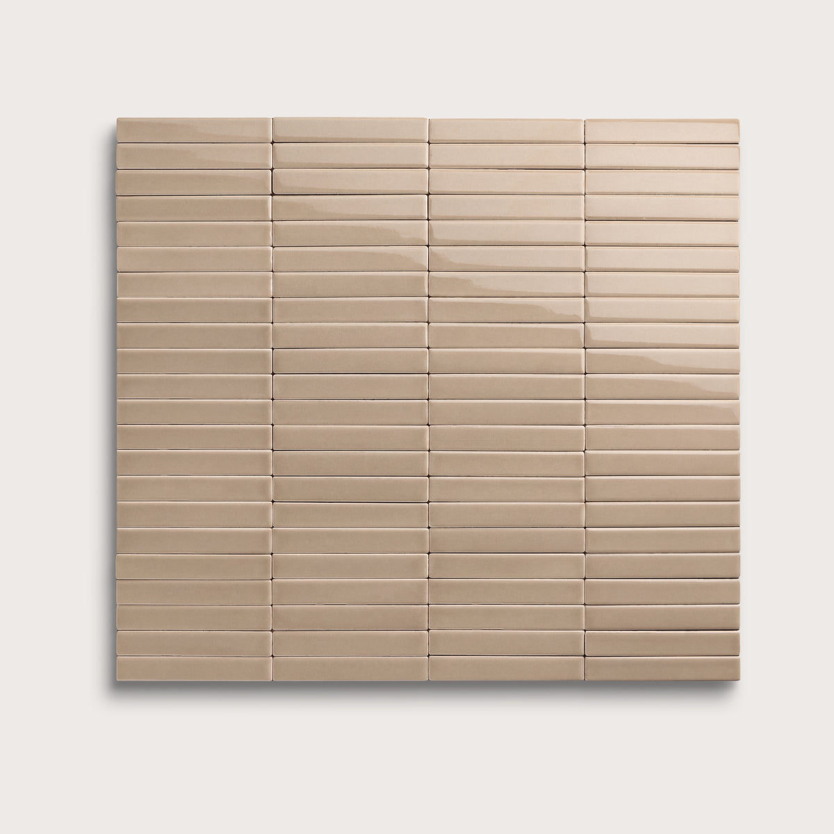 Khaki ceramic tile, 1 by 6 inch stacked mosaic, gloss finish
