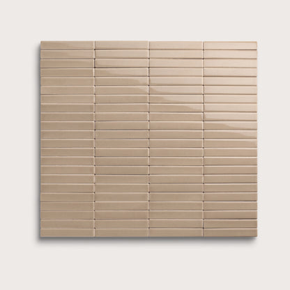 Khaki ceramic tile, 1 by 6 inch stacked mosaic, gloss finish