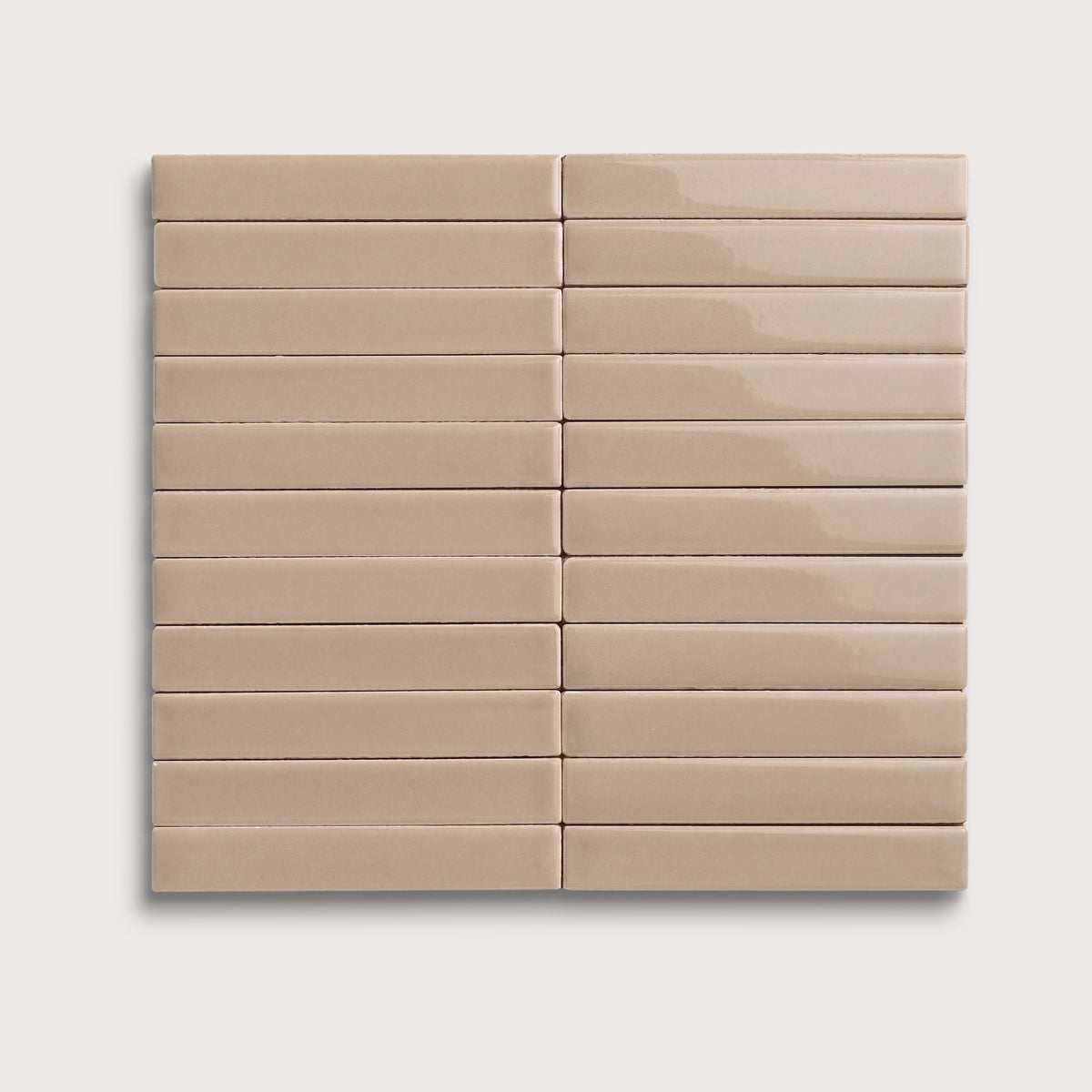 Khaki ceramic tile, 1 by 6 inch stacked mosaic, gloss finish