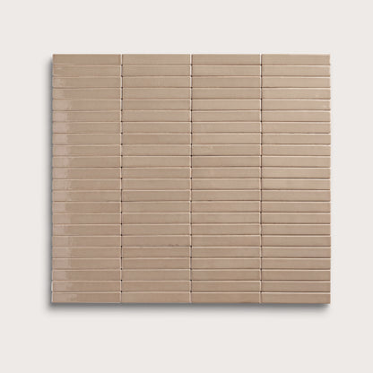 Khaki ceramic tile, 1 by 6 inch stacked mosaic, matte finish
