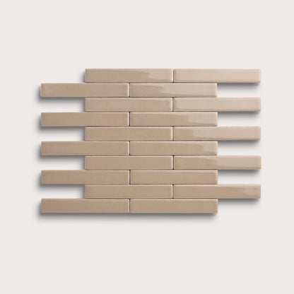 Khaki ceramic tile, 1 by 6 inch subway mosaic, gloss finish