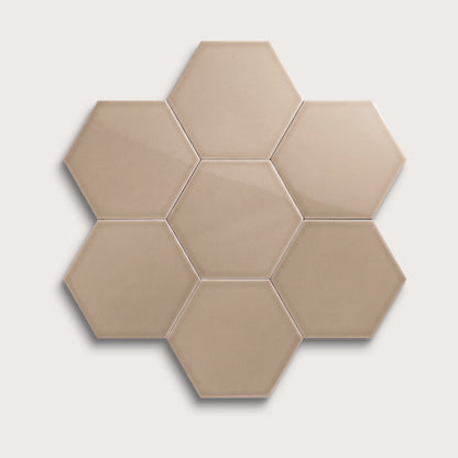 Khaki ceramic tile, 8 inch hex, gloss finish