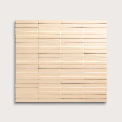 Latte ceramic tile, 1 by 6 inch stacked mosaic, gloss finish