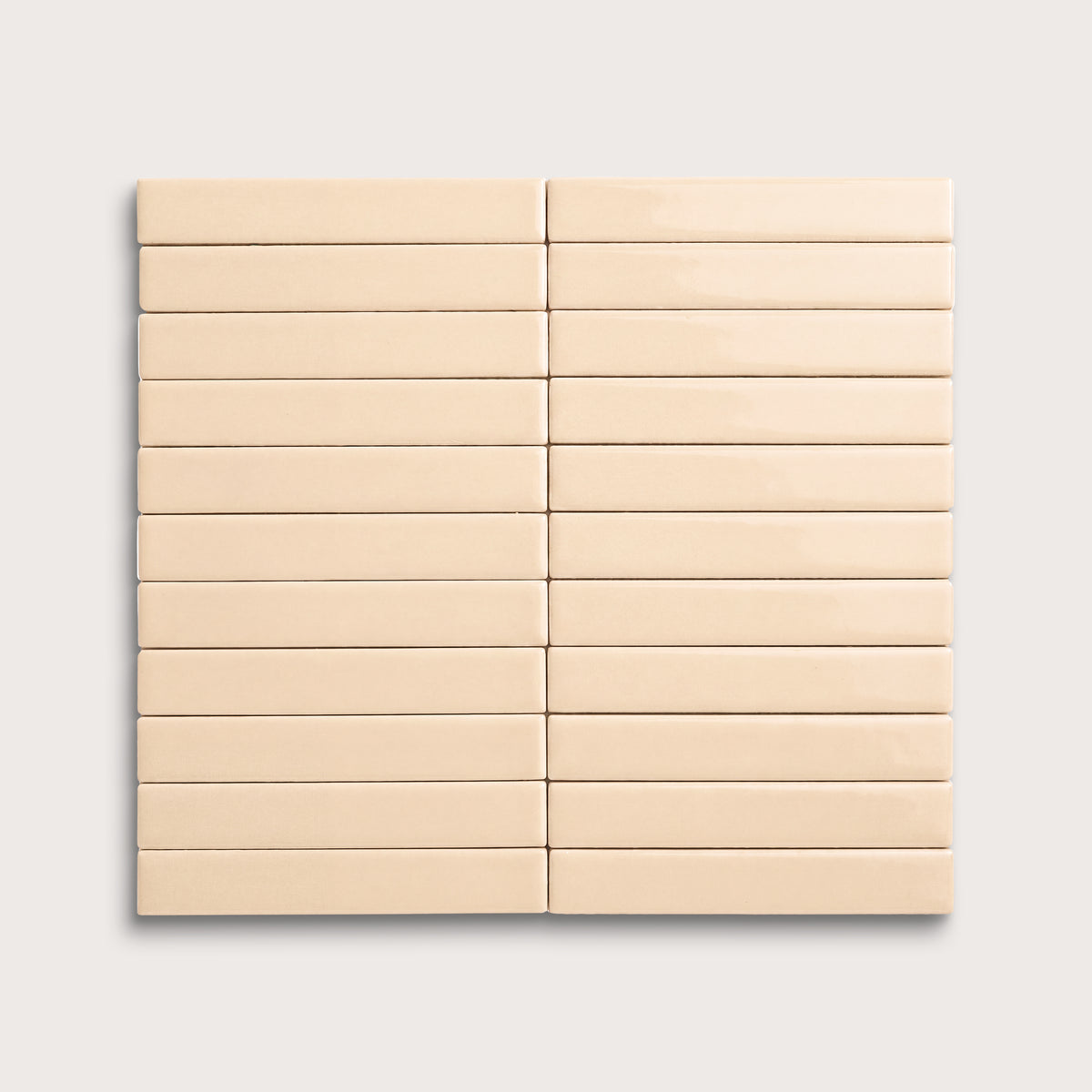 Latte ceramic tile, 1 by 6 inch stacked mosaic, gloss finish