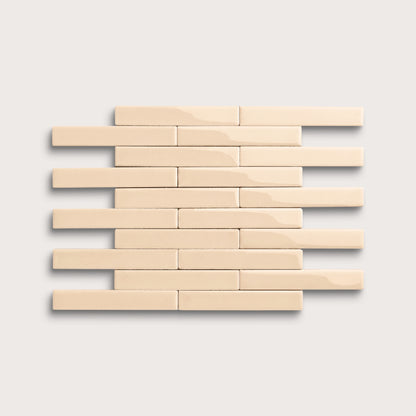 Latte ceramic tile, 1 by 6 inch subway mosaic, gloss finish