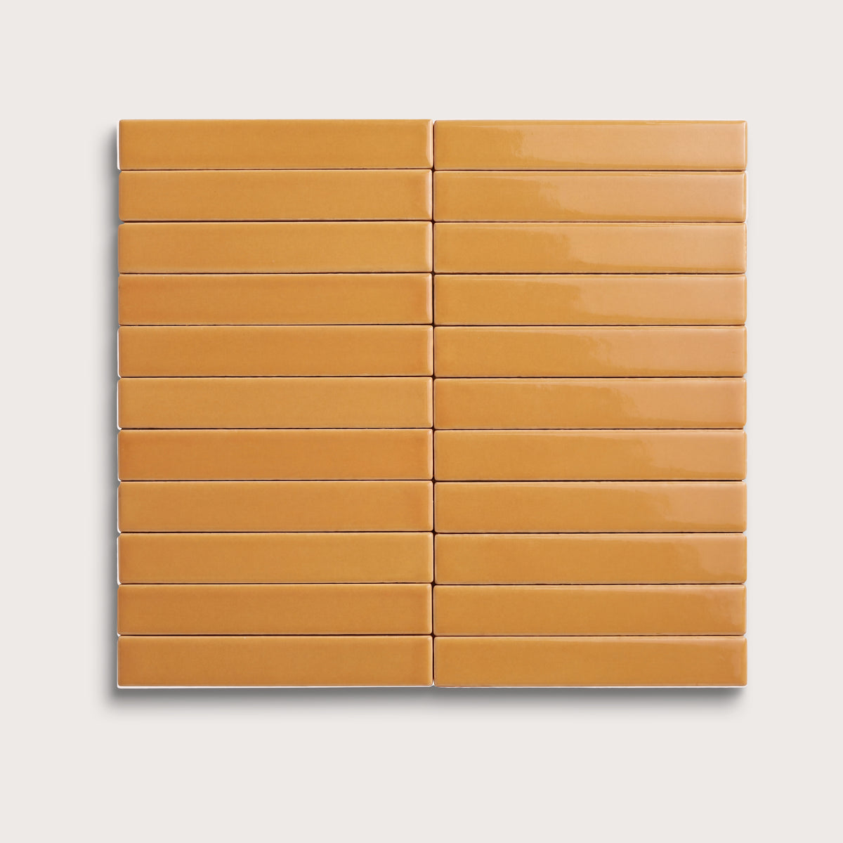 Marigold ceramic tile, 1 by 6 inch stacked mosaic, gloss finish