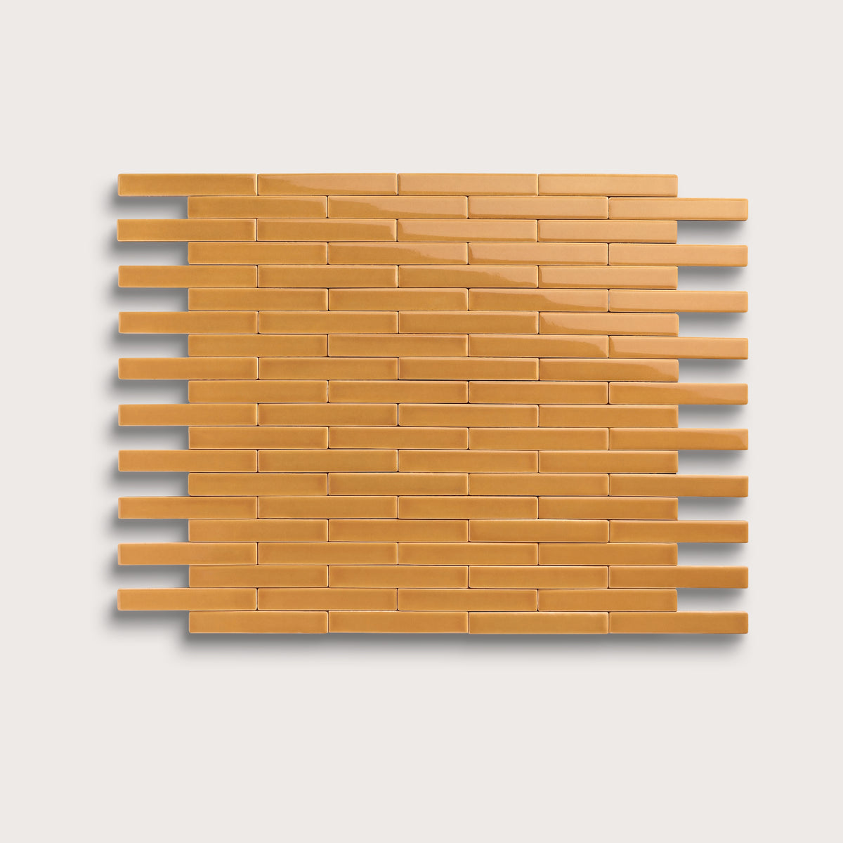 Marigold ceramic tile, 1 by 6 inch subway mosaic, gloss finish