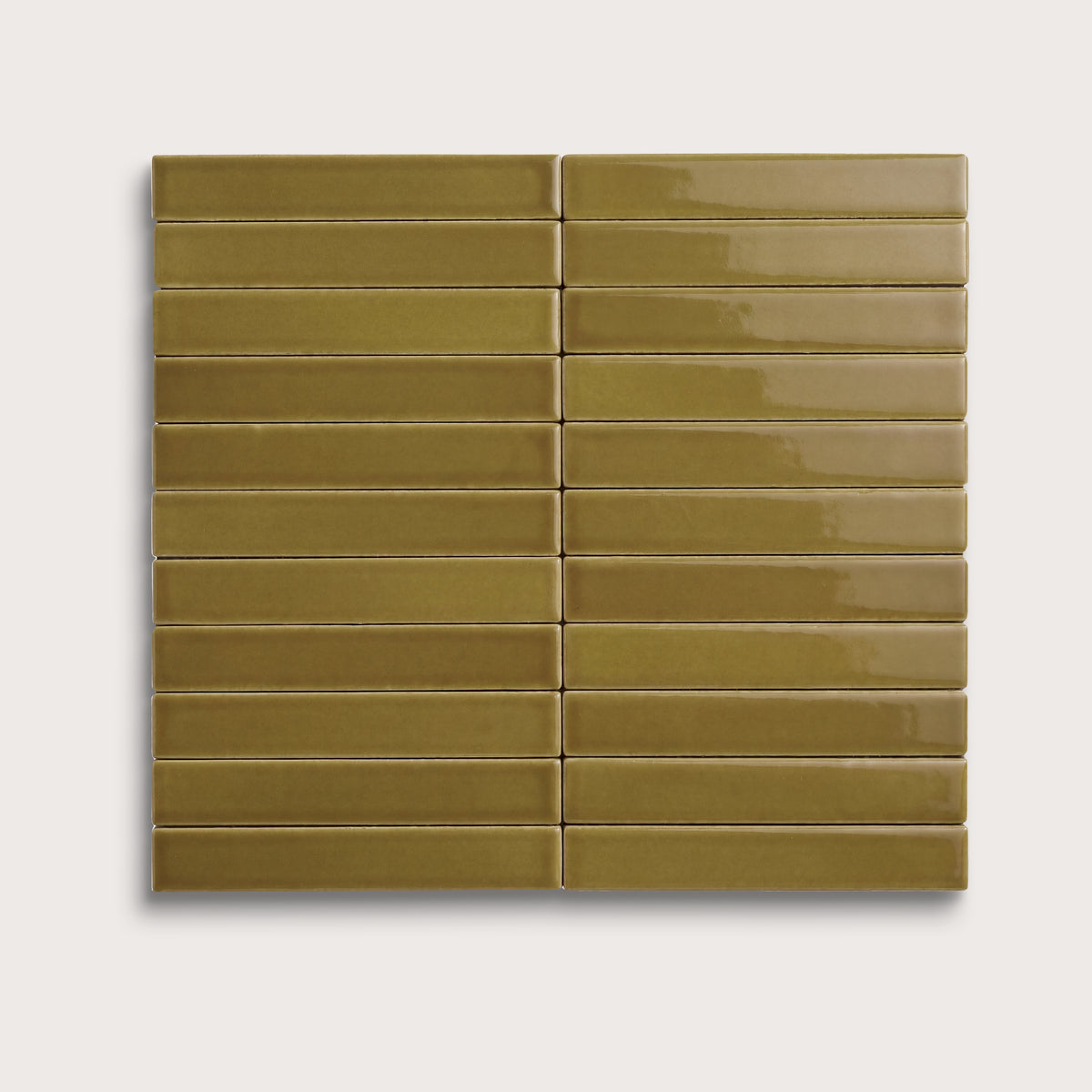 Meadow ceramic tile, 1 by 6 inch stacked mosaic, gloss finish
