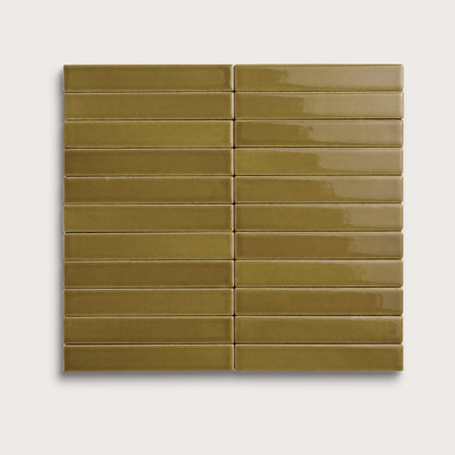 Meadow ceramic tile, 1 by 6 inch stacked mosaic, gloss finish