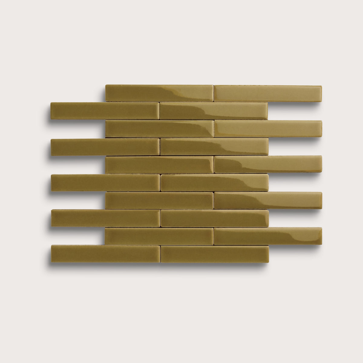 Meadow ceramic tile, 1 by 6 inch subway mosaic, gloss finish