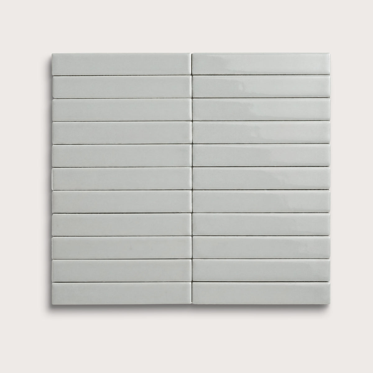 Misty ceramic tile, 1 by 6 inch stacked mosaic, gloss finish
