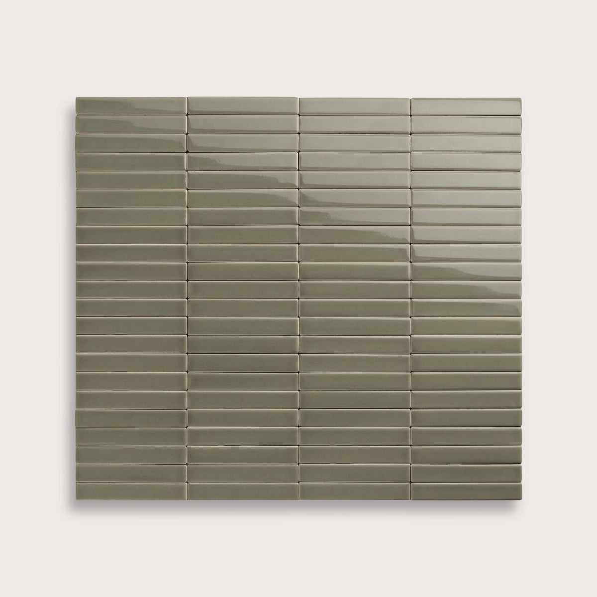Moss ceramic tile, 1 by 6 inch stacked mosaic, gloss finish