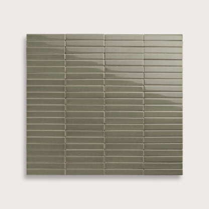 Moss ceramic tile, 1 by 6 inch stacked mosaic, gloss finish
