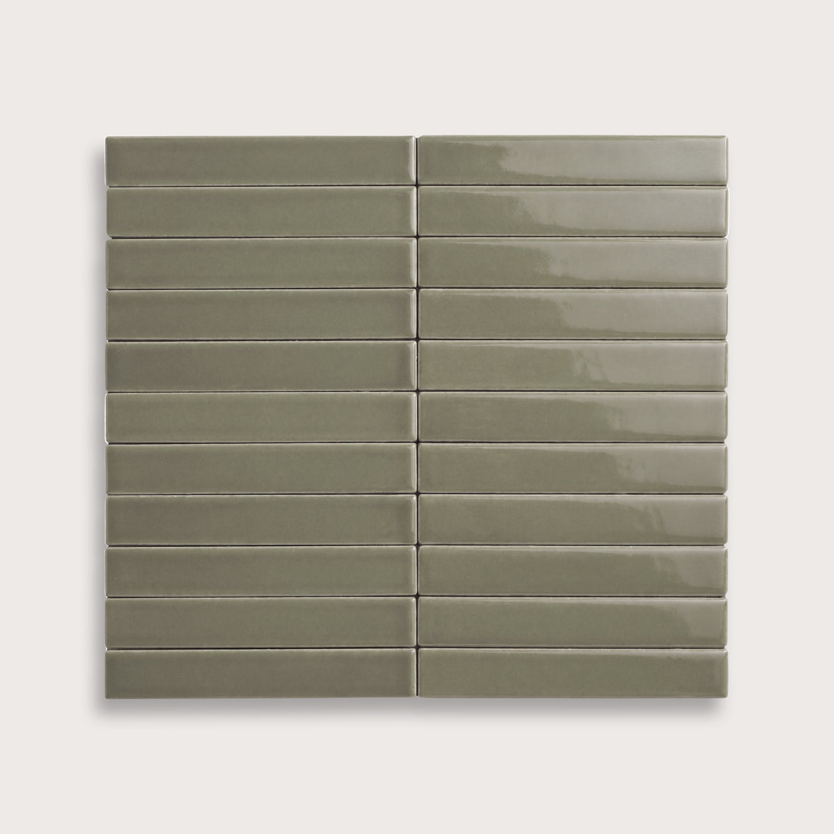 Moss ceramic tile, 1 by 6 inch stacked mosaic, gloss finish