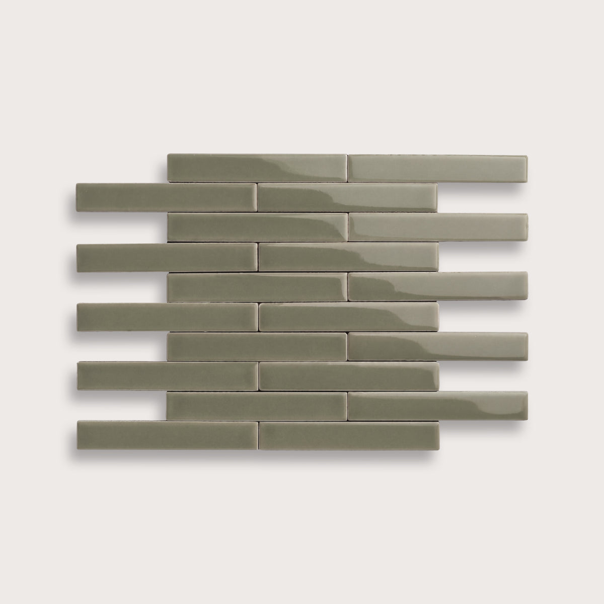 Moss ceramic tile, 1 by 6 inch subway mosaic, gloss finish