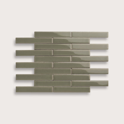 Moss ceramic tile, 1 by 6 inch subway mosaic, gloss finish