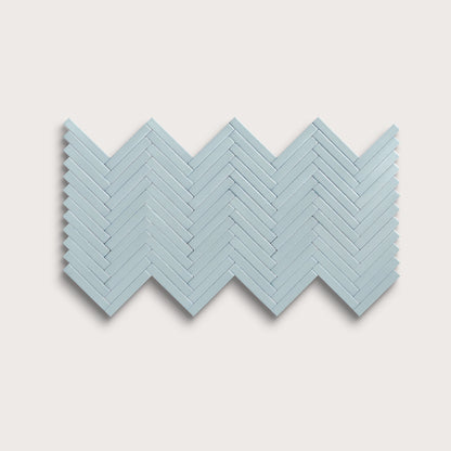 Powder Blue ceramic tile, 1 by 6 inch herringbone mosaic, matte finish