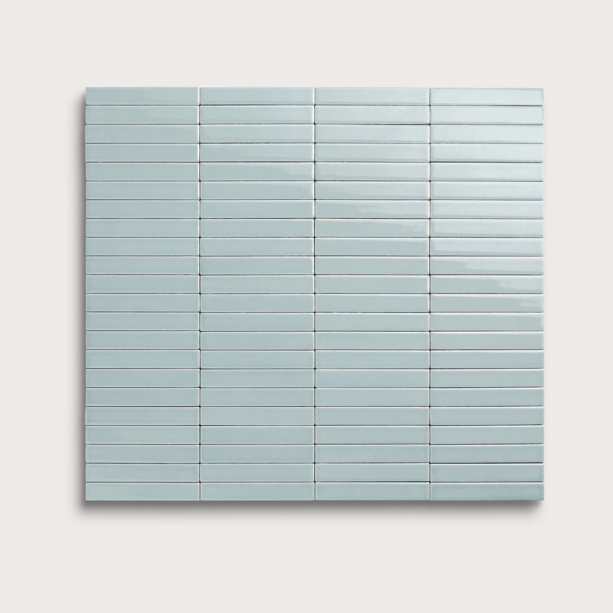 Powder Blue ceramic tile, 1 by 6 inch stacked mosaic, gloss finish