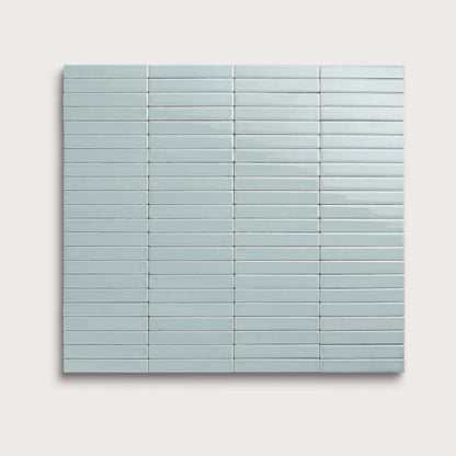 Powder Blue ceramic tile, 1 by 6 inch stacked mosaic, gloss finish