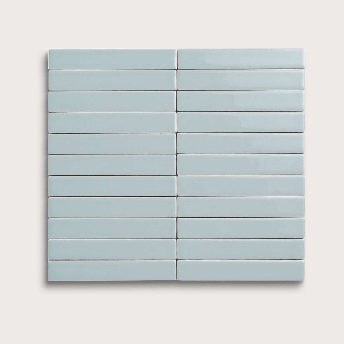 Powder Blue ceramic tile, 1 by 6 inch stacked mosaic, gloss finish