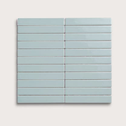 Powder Blue ceramic tile, 1 by 6 inch stacked mosaic, gloss finish