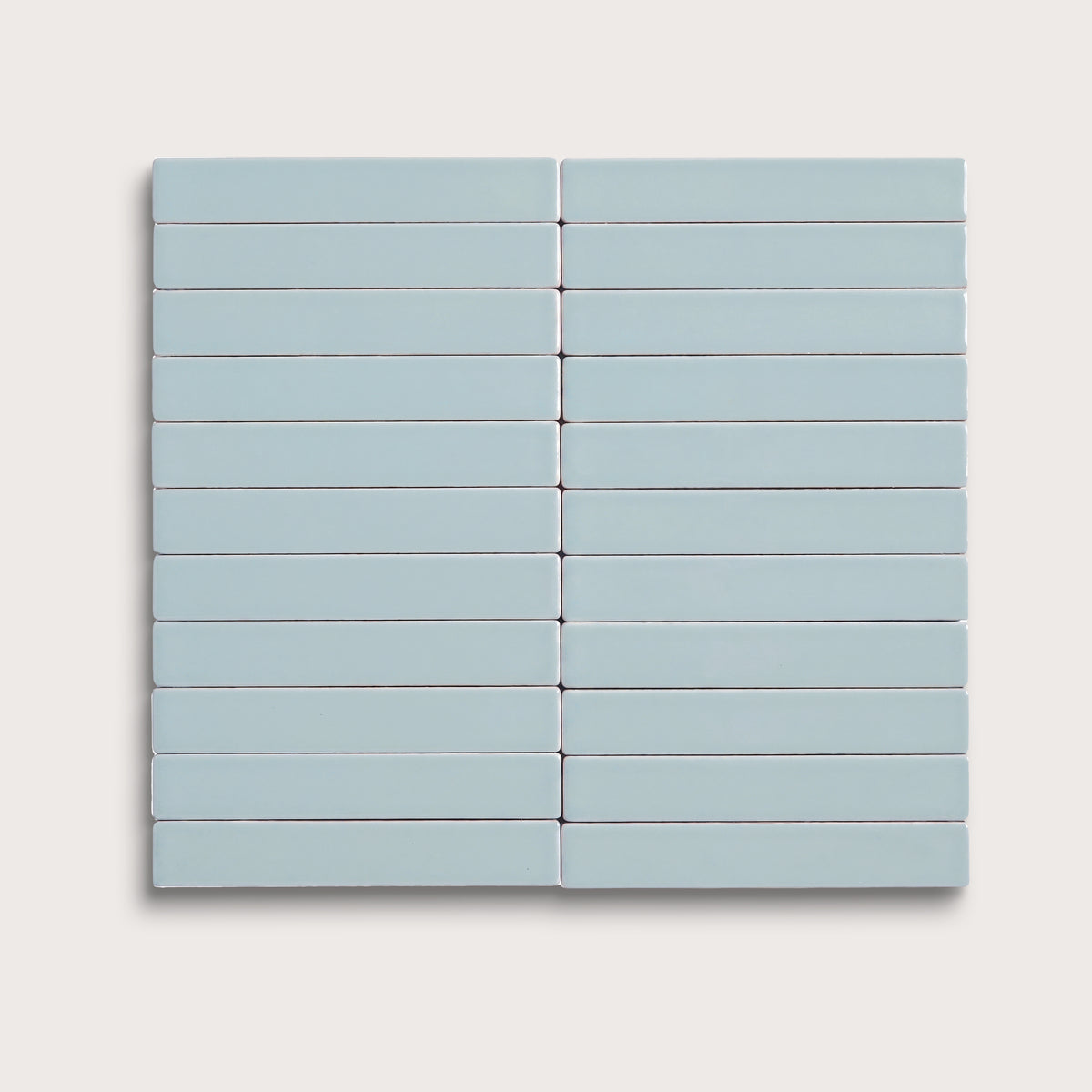 Powder Blue ceramic tile, 1 by 6 inch stacked mosaic, matte finish