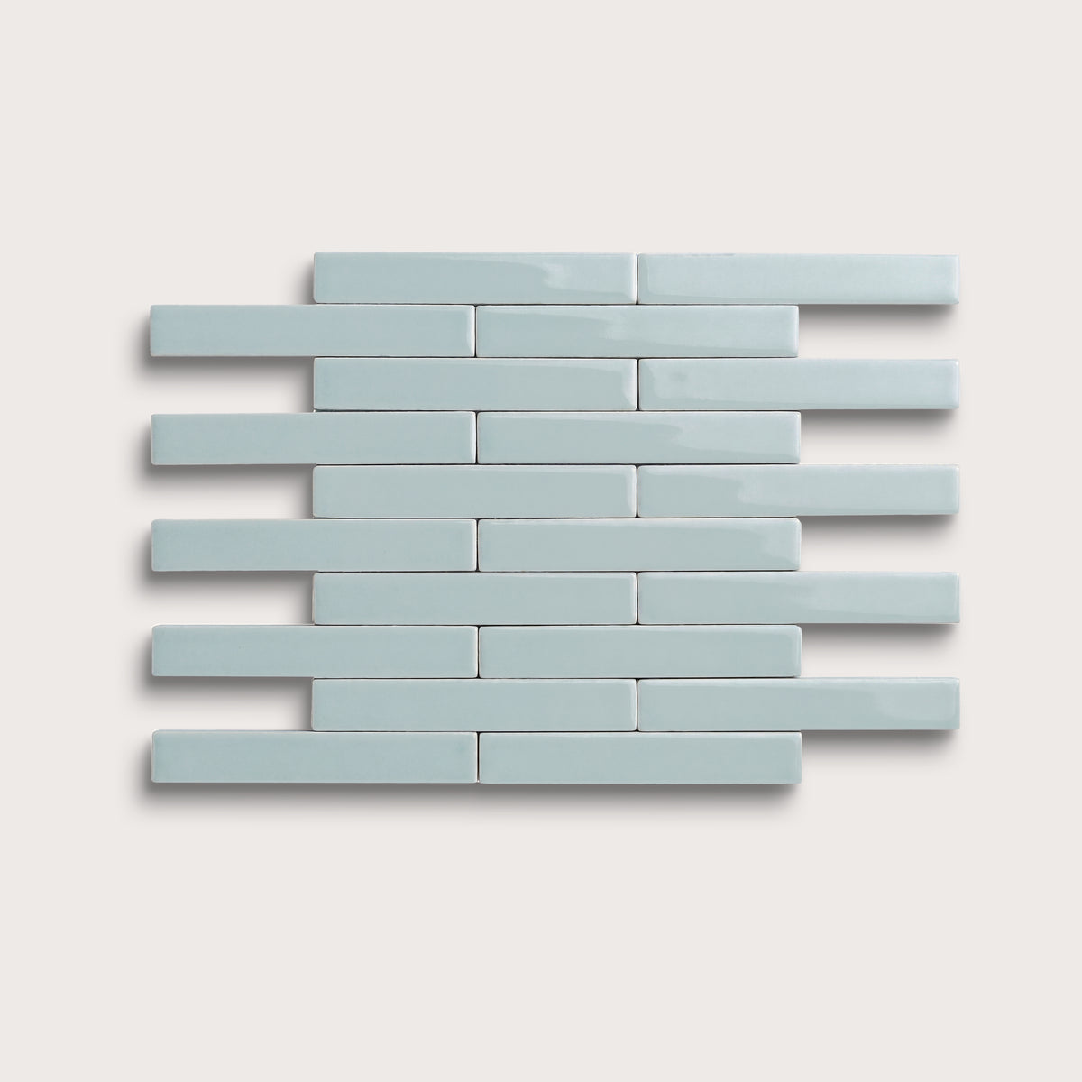 Powder Blue ceramic tile, 1 by 6 inch subway mosaic, gloss finish