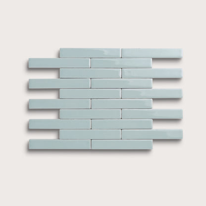 Powder Blue ceramic tile, 1 by 6 inch subway mosaic, gloss finish