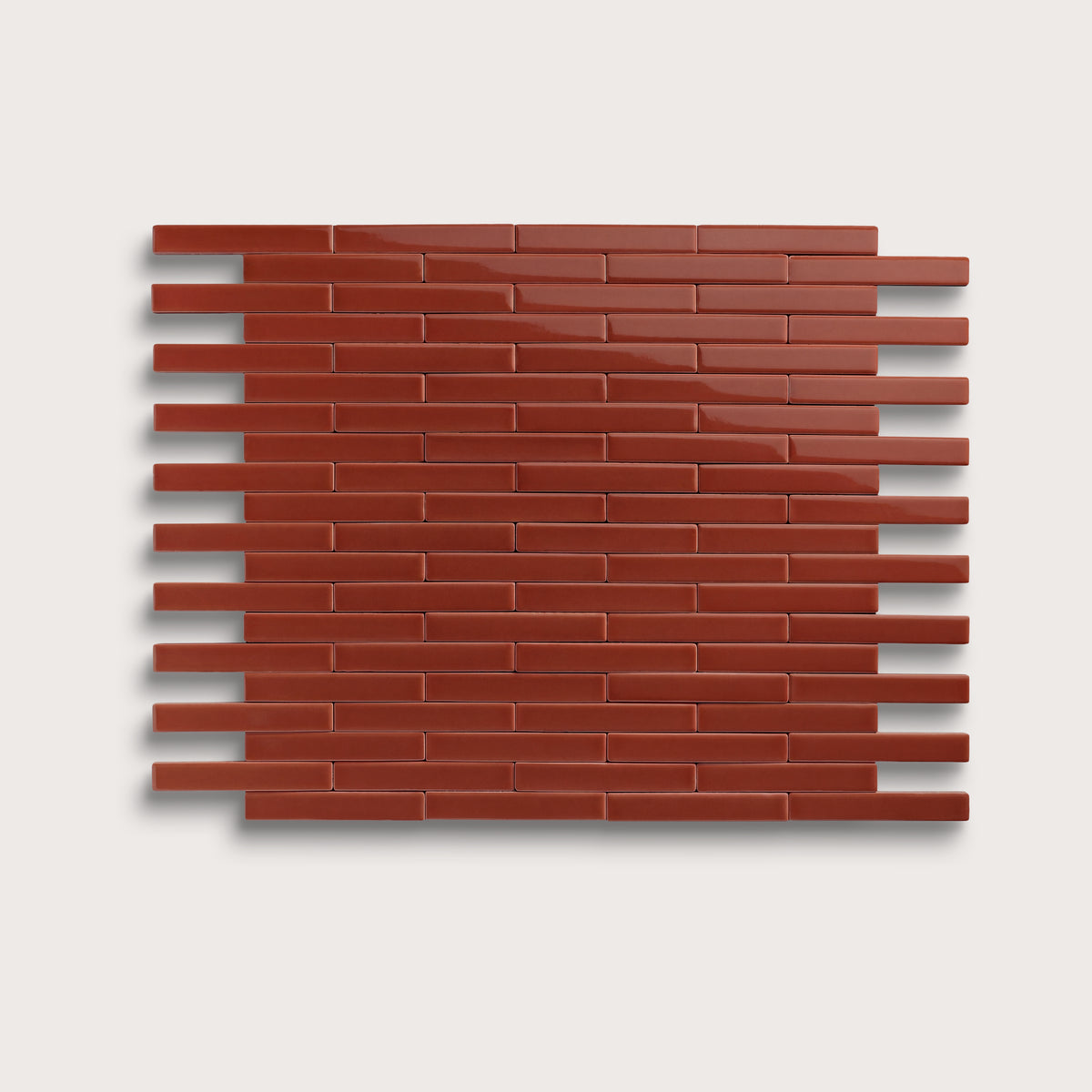 Raspberry Beret ceramic tile, 1 by 6 inch subway mosaic, gloss finish