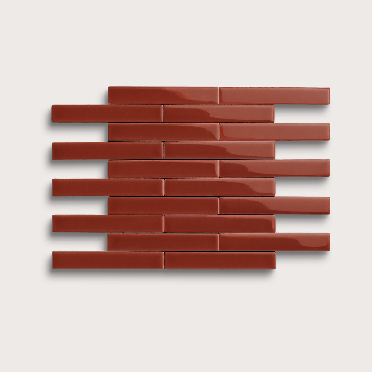 Raspberry Beret ceramic tile, 1 by 6 inch subway mosaic, gloss finish